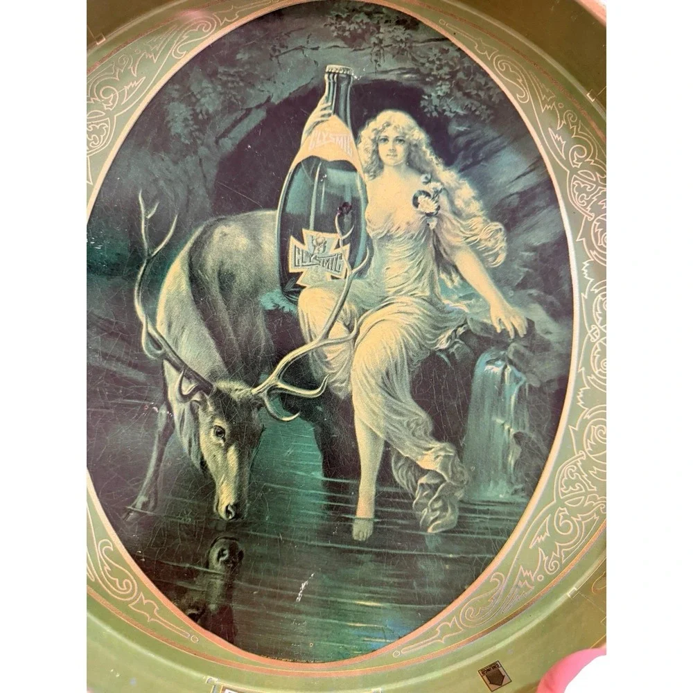 VTG Clysmic King Of Table Waters Tin Advertising Tray Nymph & Stag Green 14